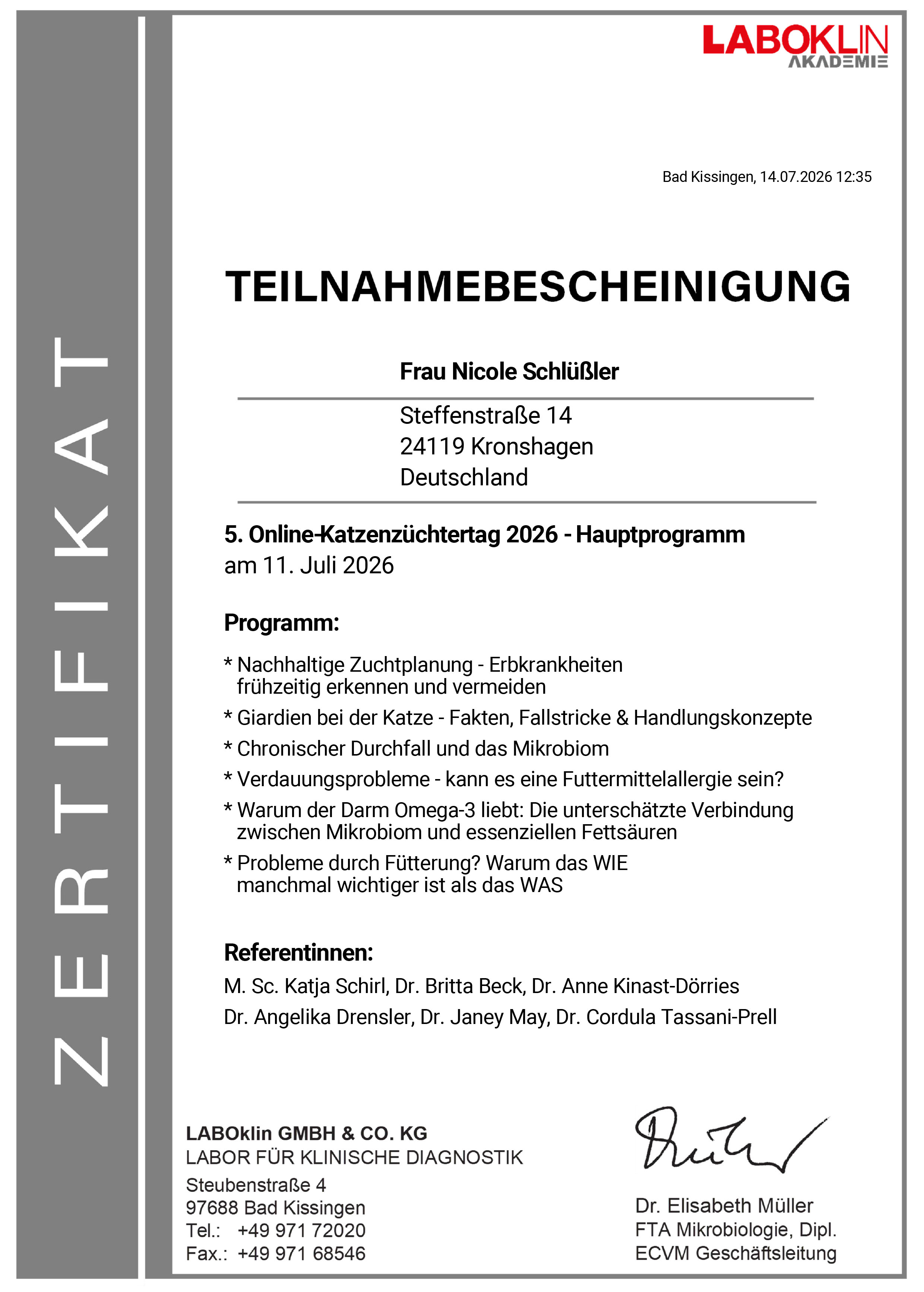 LABOKLIN AKADEMIE 5. Online-Züchtertag Katze 2026 LABOKLIN AKADEMIE 5. Online-Züchtertag Katze 2026